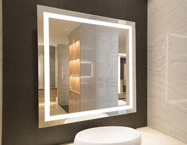 Square bathroom mirror with square LED lights