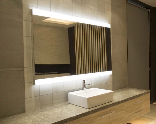 Large bathroom mirror with long LED light panels